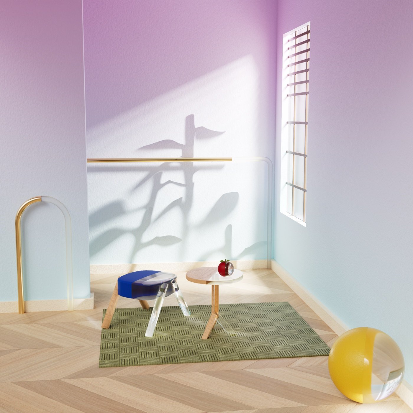 Render 3D de un interior pastel con formas abstractas